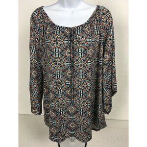 Tacera Womens Top Size L Blue Orange White Floral Kimono Sleeves Blouse